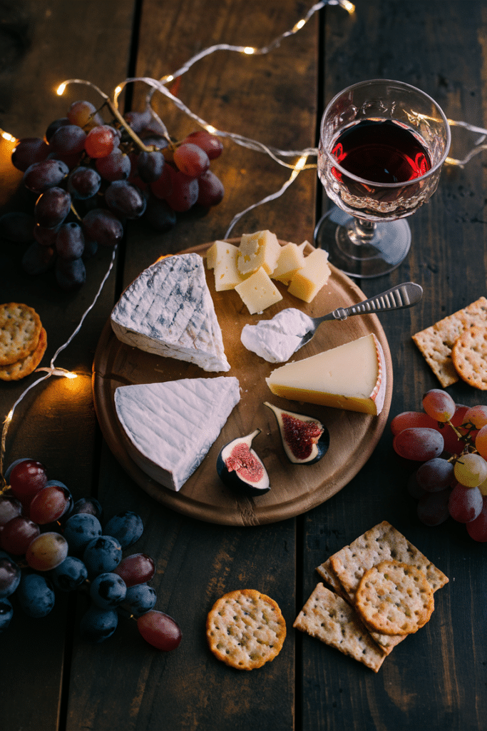 Elegant cheese board with various cheeses, grapes, figs, crackers, and a glass of red wine on a wooden table illuminated by fairy lights