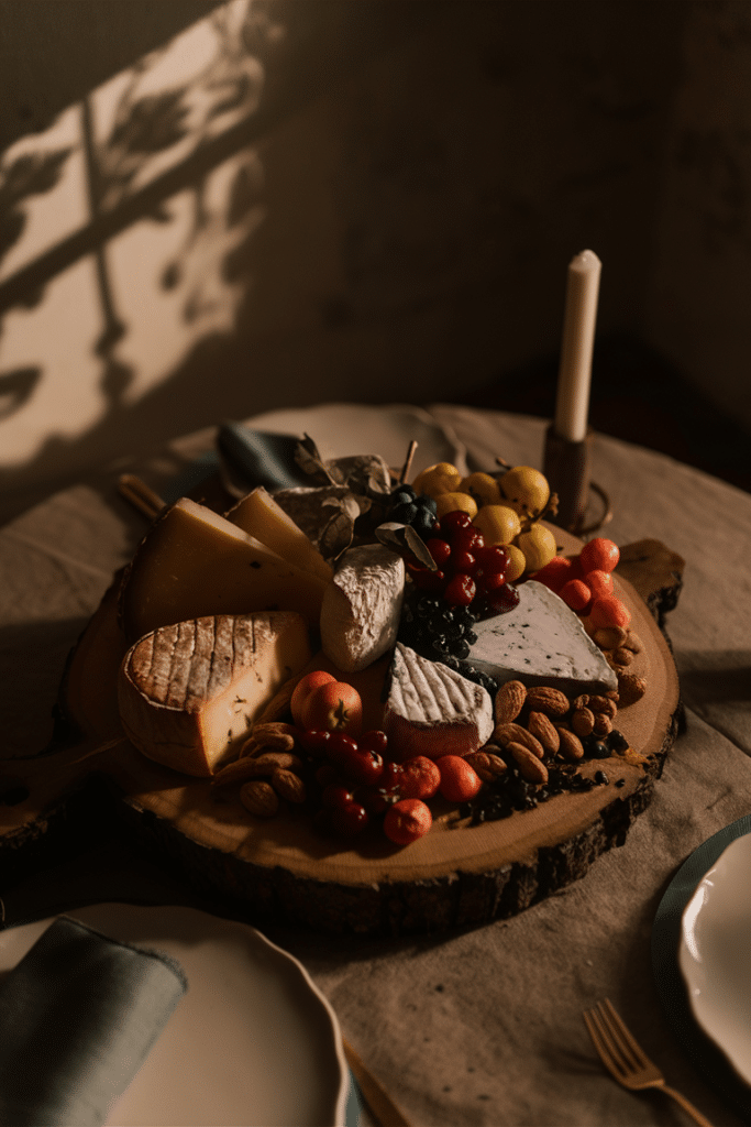 Rustic cheese board with assorted cheeses, grapes, nuts, and a candlelit setting on a wooden table.