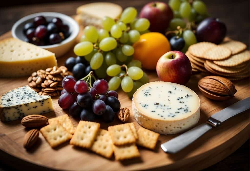 A cheese board with a variety of cheeses, grapes, apples, crackers, nuts, and a cheese knife, arranged on a wooden board