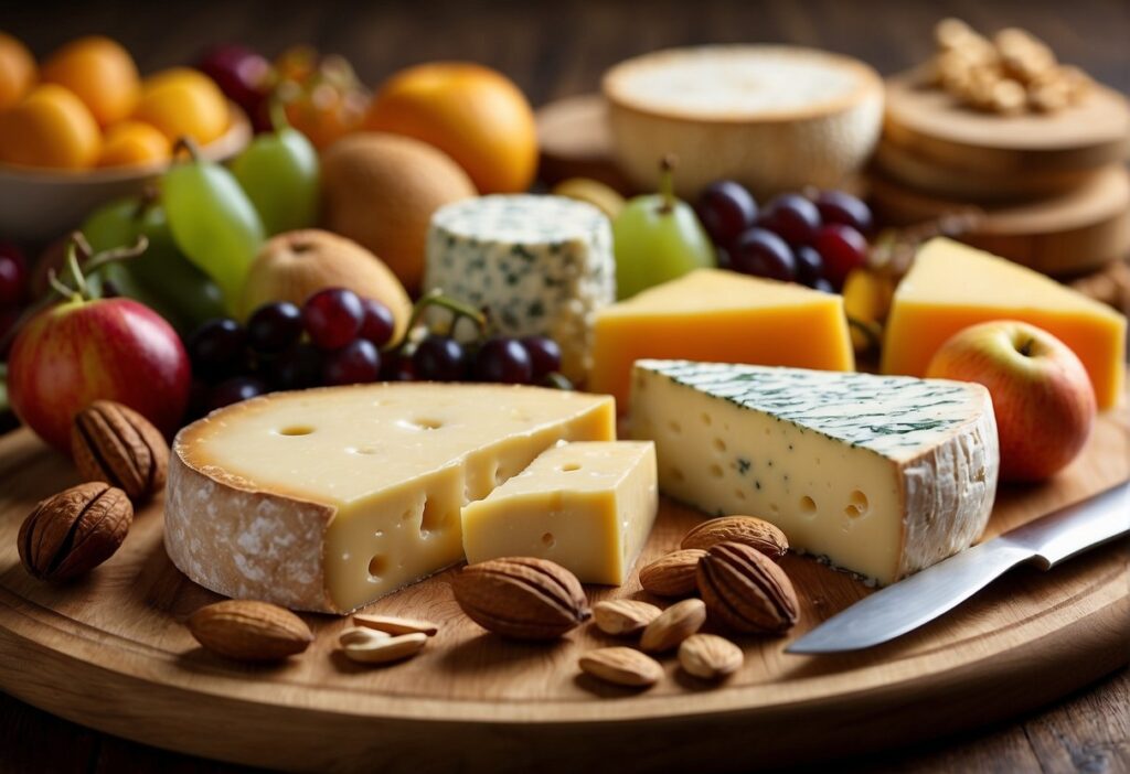 An assortment of cheeses, grapes, apples, and nuts on a wooden cheese board, accompanied by a cheese knife.