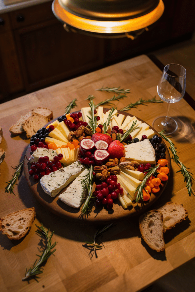 Cheese board with assorted cheeses, fresh fruits, and nuts on a wooden table, lit by a warm lamp.