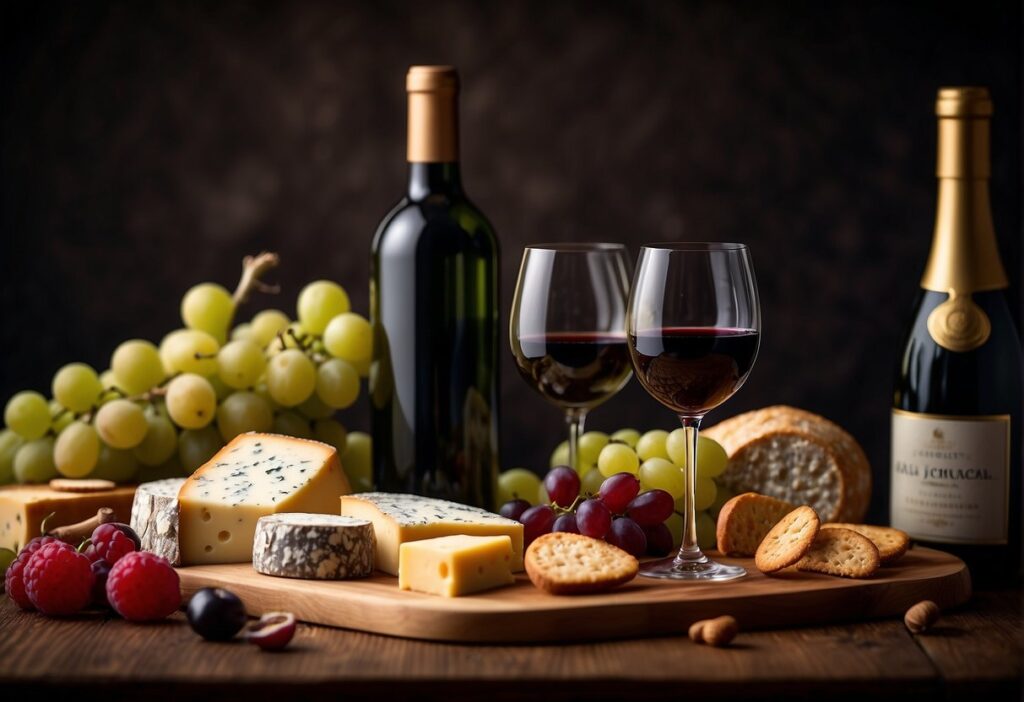 A cheese board featuring various cheeses, grapes, raspberries, crackers, and two glasses of red wine, set against a dark background.