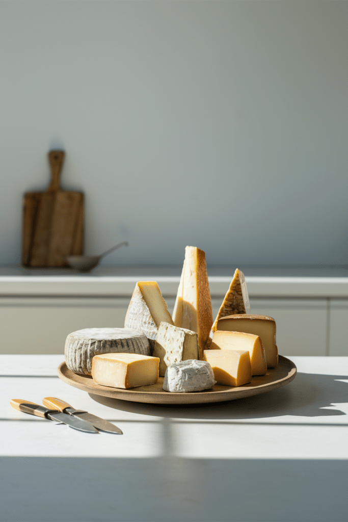 A variety of cheeses arranged on a wooden platter, displayed in a modern kitchen with natural light.