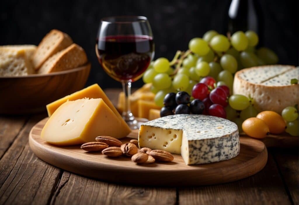 A cheese board with a variety of cheeses, grapes, nuts, and a glass of red wine, set on a wooden table with slices of bread in the background.