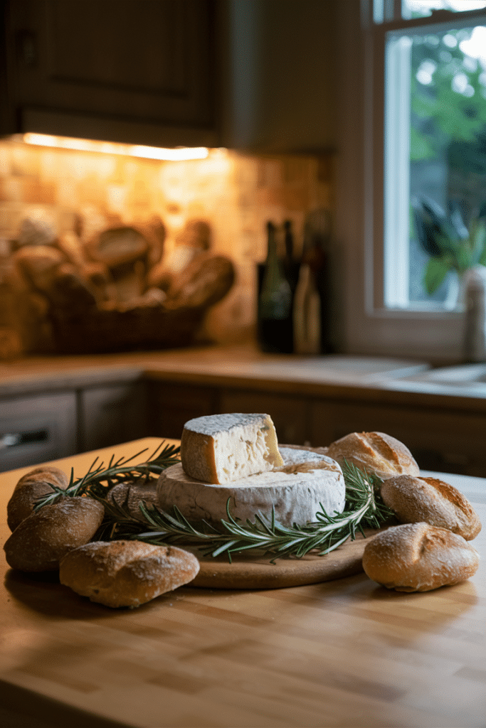 Cheese board with a wheel of cheese, fresh bread, and rosemary sprigs on a wooden kitchen counter.