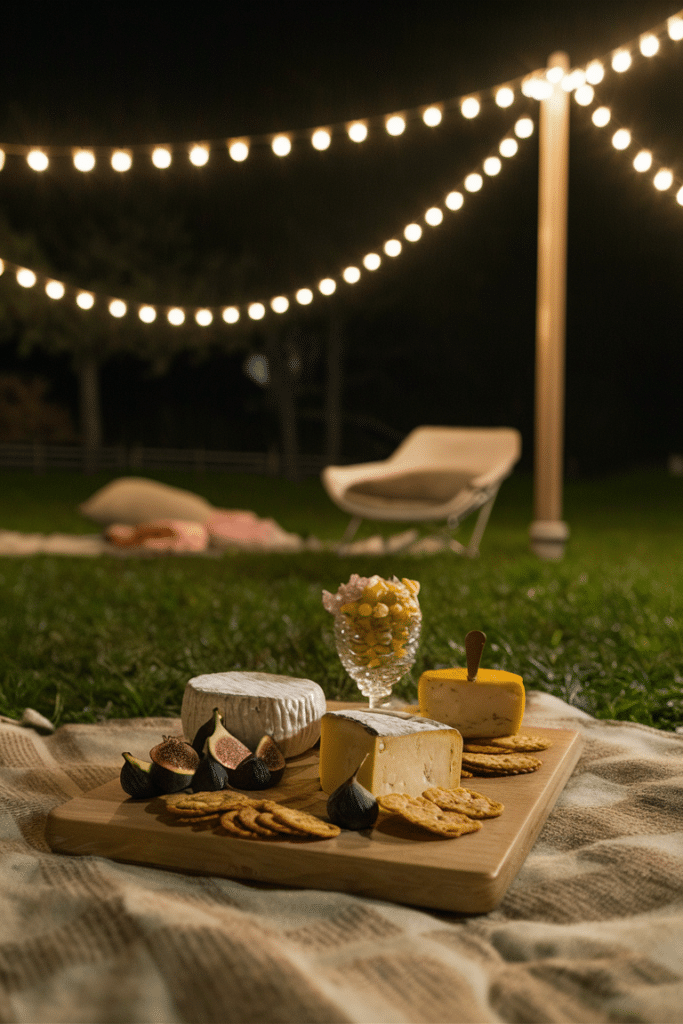 Cheese board with various cheeses, figs, and crackers on a picnic blanket with string lights in the background.