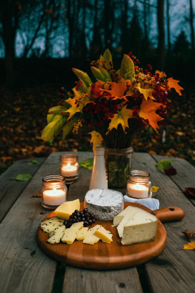 Cheese board with assorted cheeses, grapes, and autumn leaves on a wooden picnic table with candles.