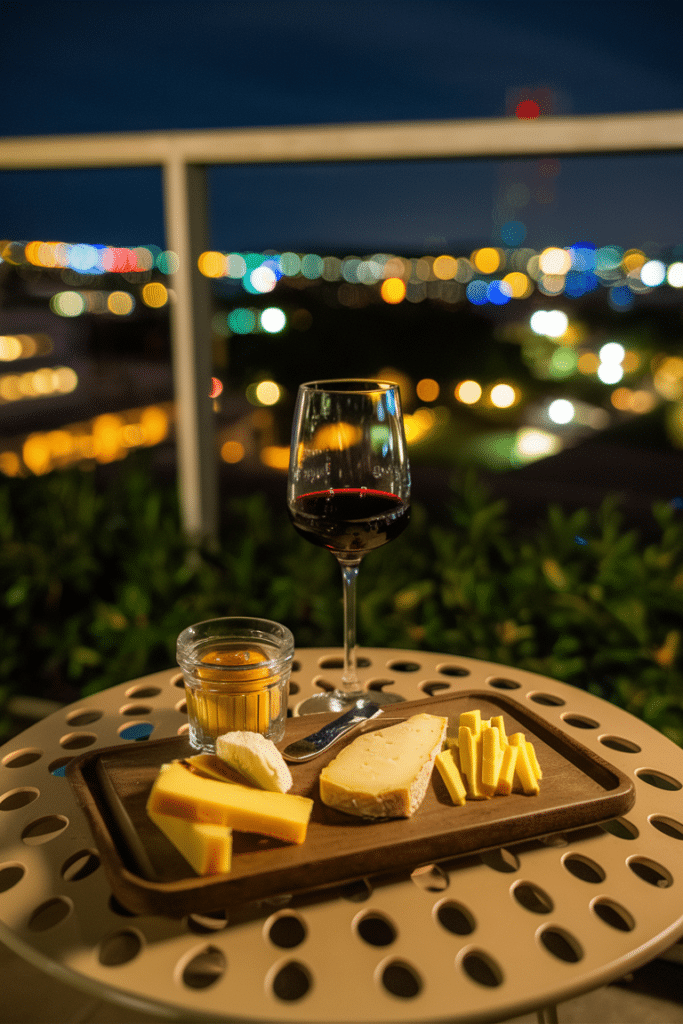 Cheese board with various cheeses, honey, and a glass of red wine on a balcony table with city lights in the background.