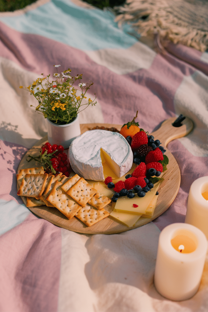 Cheese board with various cheeses, fresh berries, crackers, and a bouquet of flowers on a picnic blanket with candles.