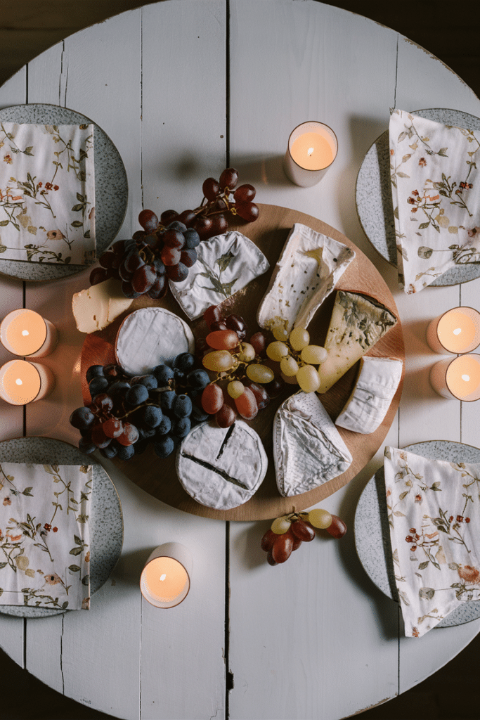 Cheese board with assorted cheeses and grapes on a wooden table surrounded by candles and floral napkins.