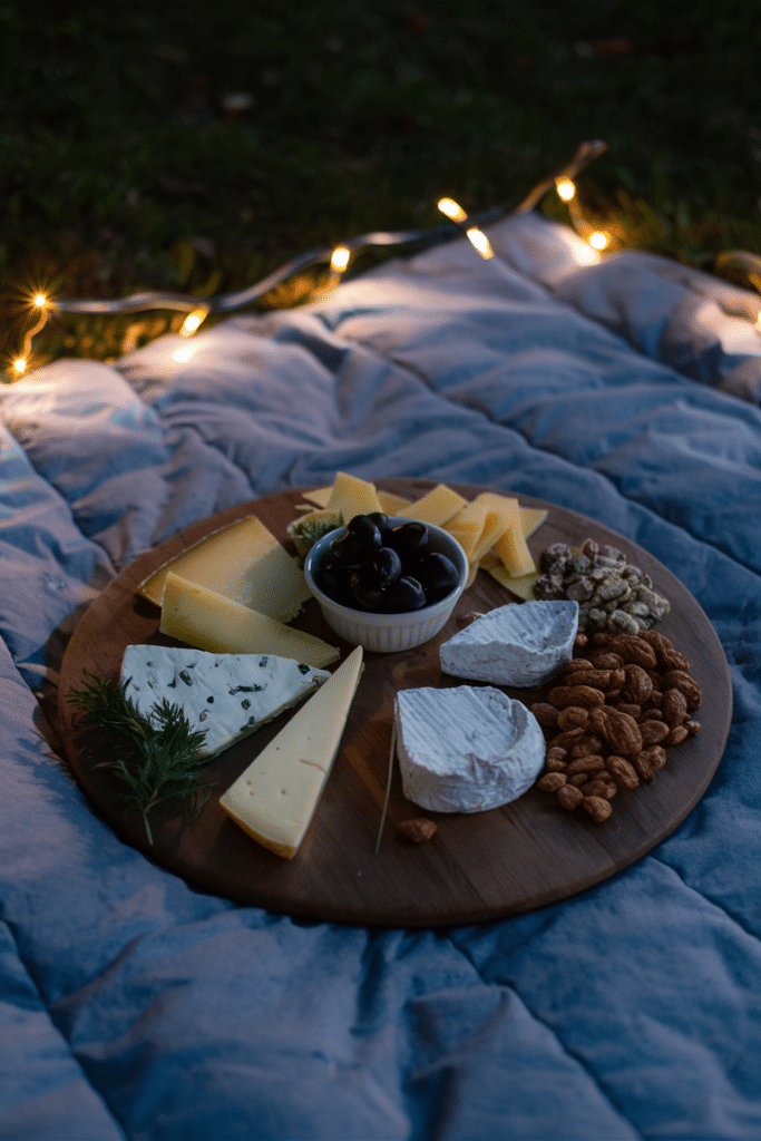 Cheese board with various cheeses, nuts, and olives on a picnic blanket illuminated by fairy lights at night.