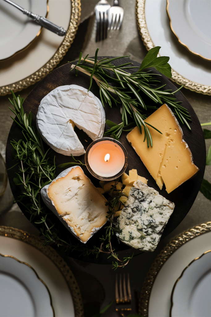 Cheese board with various cheeses, fresh herbs, and a lit candle on a dark wooden board surrounded by elegant dinner plates.