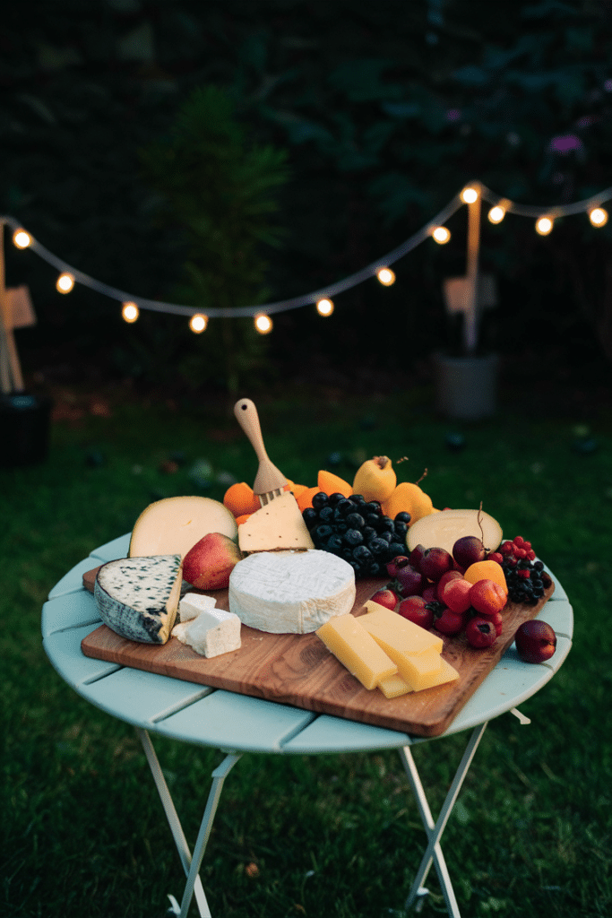 Cheese board with various cheeses and fresh fruits on an outdoor table, illuminated by string lights at night.