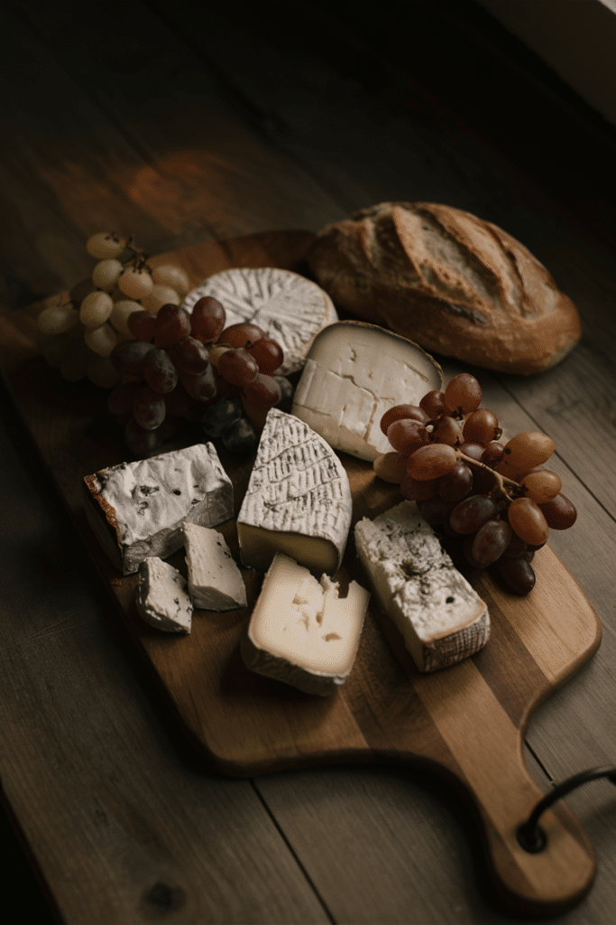 Rustic cheese board with assorted cheeses, fresh grapes, and crusty bread on a wooden table.