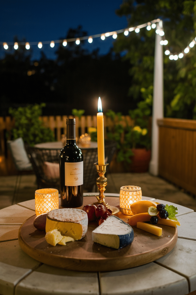 Nighttime cheese board display with various cheeses, fresh fruits, a bottle of wine, and candles on an outdoor table.