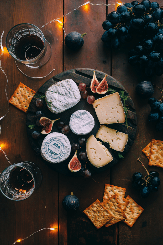Rustic cheese board with assorted cheeses, figs, grapes, and crackers, accompanied by glasses of red wine, set on a wooden table with cozy lighting.