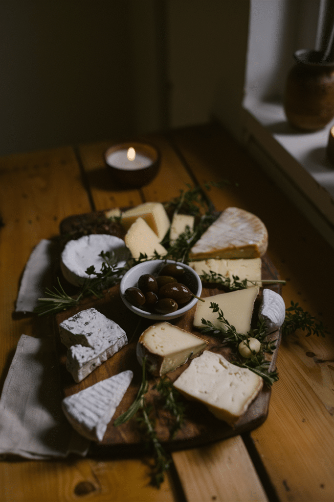 Rustic cheese board with various cheeses, olives, and herbs, illuminated by candlelight.