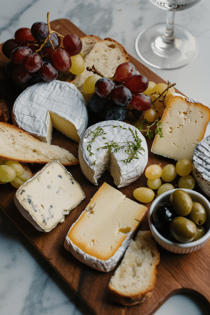 A cheese platter with various cheeses, grapes, bread, and olives, accompanied by a glass of white wine.