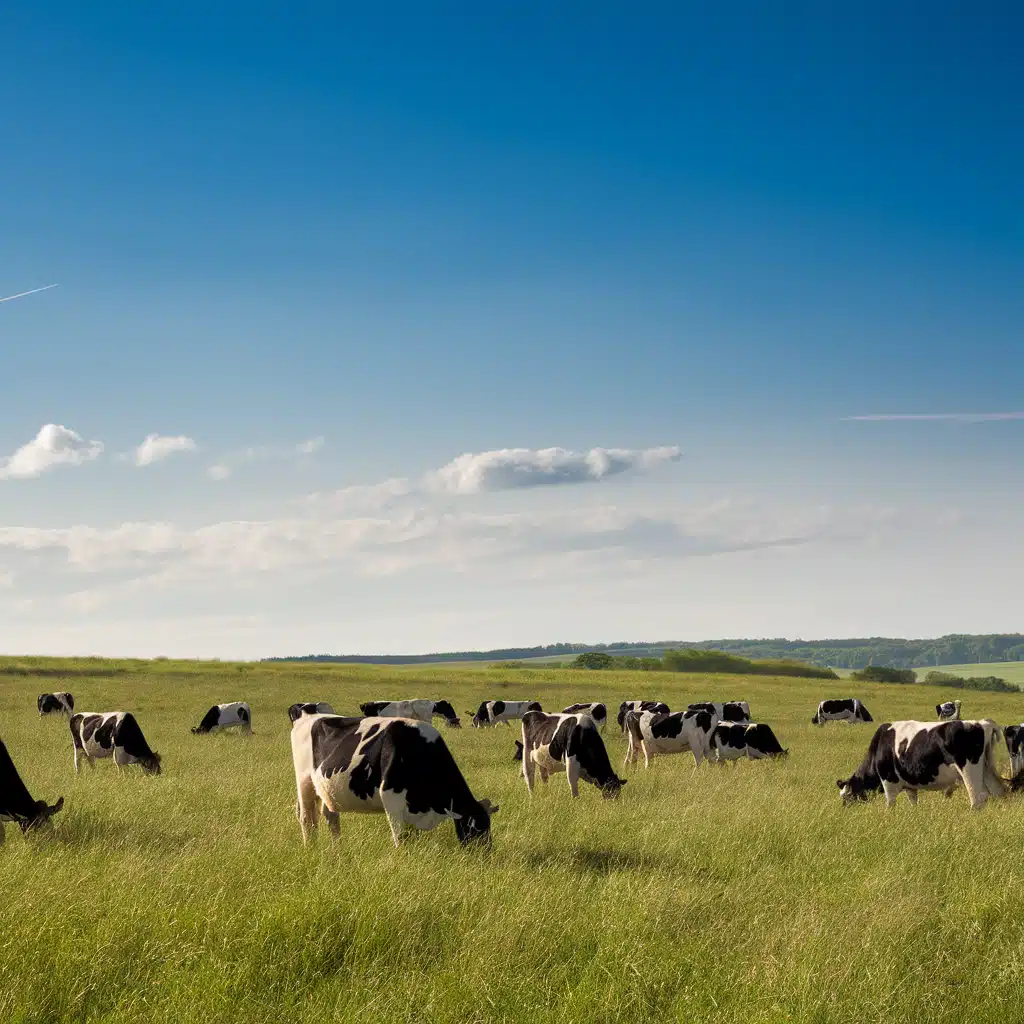 A picturesque field with cows grazing on green grass under a blue sky with clouds, representing the source of milk for cheesemaking.