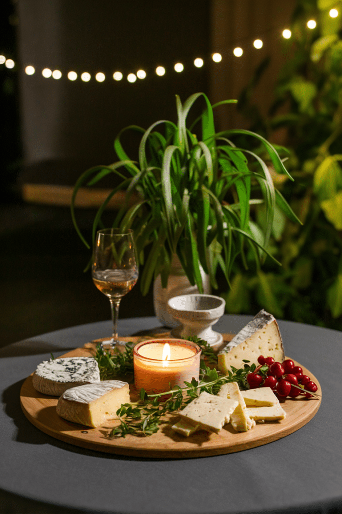Cheese board with assorted cheeses, herbs, and berries, illuminated by candlelight with string lights in the background.