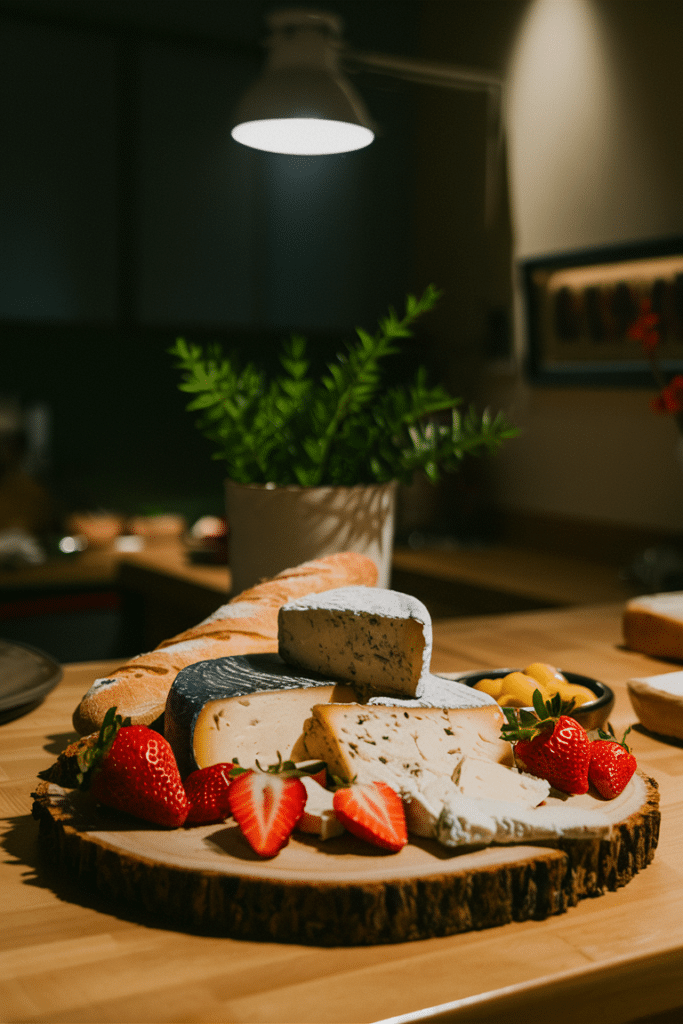 Rustic cheese board with fresh strawberries and a baguette, illuminated by warm indoor lighting.