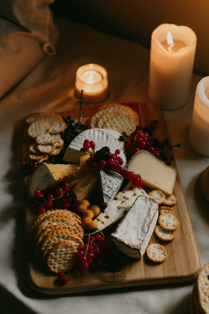 Cheese board with assorted cheeses, berries, and crackers, illuminated by candlelight.