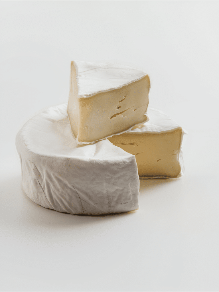 A whole wheel of Brie cheese with a wedge cut out, showing its creamy, smooth interior on a white background.