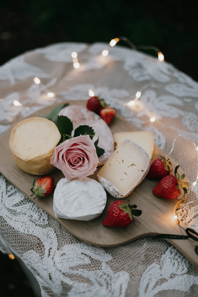 Cheese board with various cheeses, fresh strawberries, and a pink rose on a lace-covered table with fairy lights.