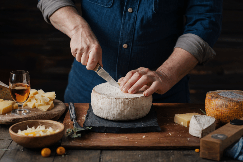 A person cutting a round wheel of cheese on a slate board, surrounded by other types of cheese, a glass of wine, and fresh herbs on a rustic wooden table.
