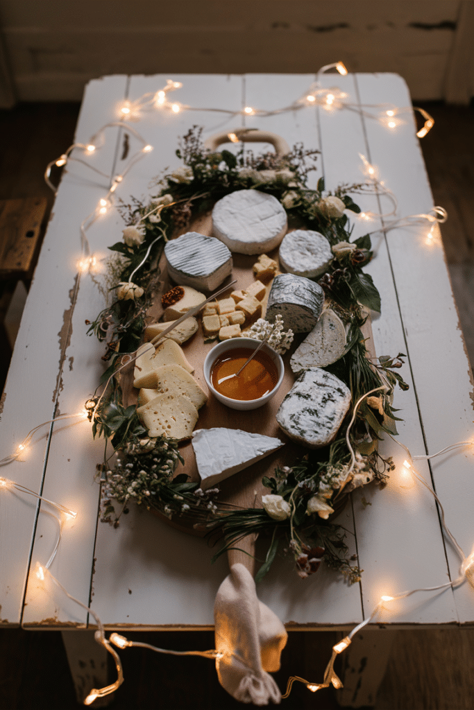 Cheese board with assorted cheeses, a bowl of honey, and floral decorations on a wooden table illuminated by fairy lights.