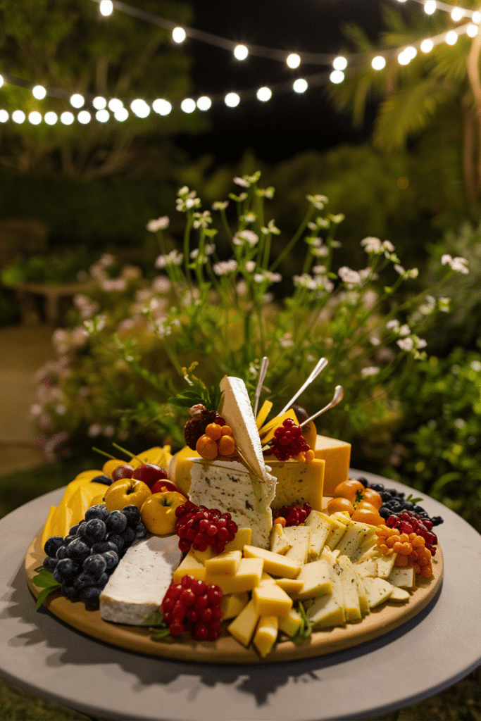 Cheese board with various cheeses and fresh fruits on an outdoor table, illuminated by string lights at night.
