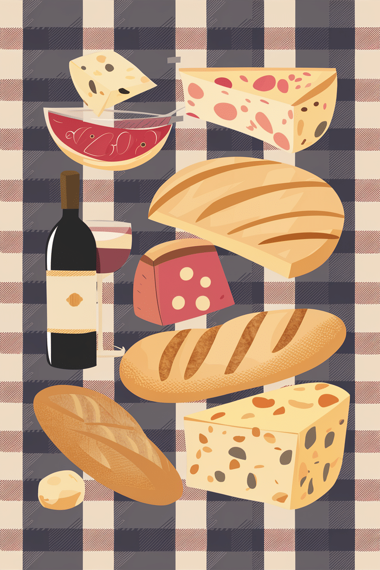 Picnic Style Cheese and Bread Illustration