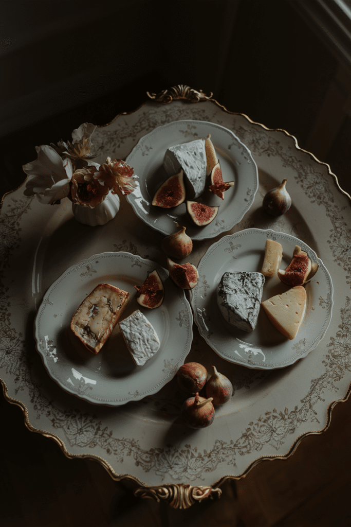 Elegant cheese plates with assorted cheeses and fresh figs on a vintage table with floral decorations.