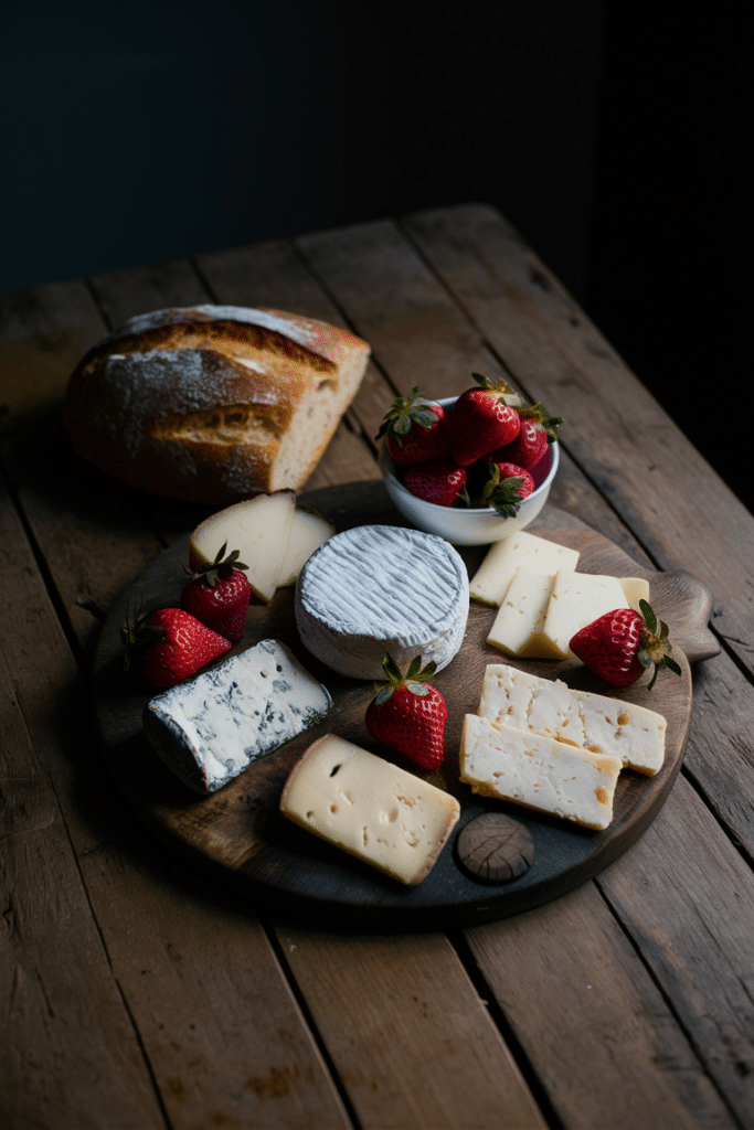 Cheese board with various cheeses, fresh strawberries, and crusty bread on a rustic wooden table.