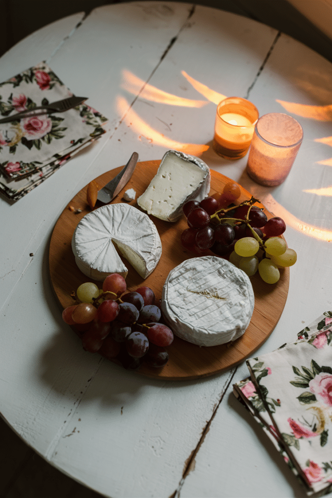 Cozy cheese board on a white table with various cheeses, grapes, floral napkins, and candles.
