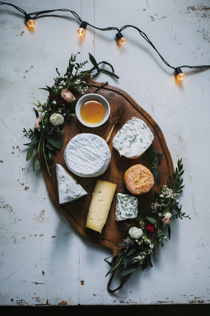 Rustic cheese board with assorted cheeses, honey, and floral accents on a white table with string lights.