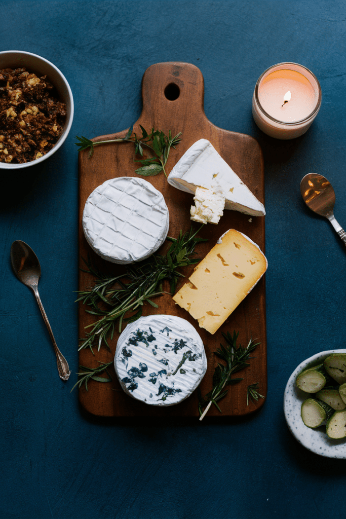 Elegant cheese board with assorted cheeses, fresh herbs, a lit candle, and side dishes on a dark blue surface.