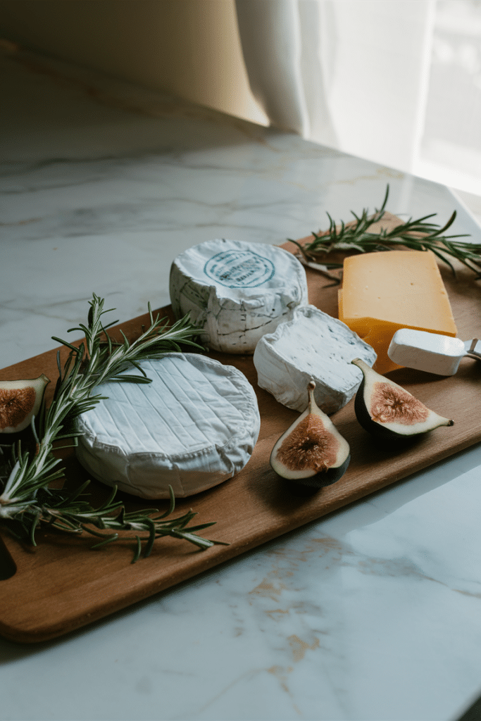 Simple cheese board with assorted cheeses, fresh figs, and rosemary sprigs on a marble surface.