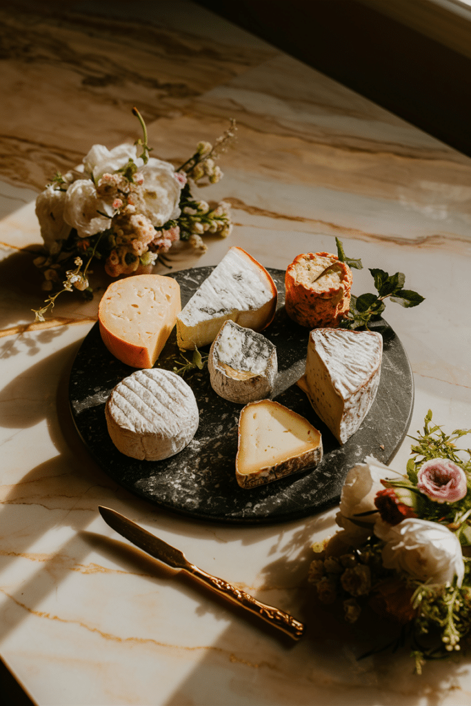 Cheese board with assorted cheeses and fresh flowers on a dark slate, sunlit on a marble surface.
