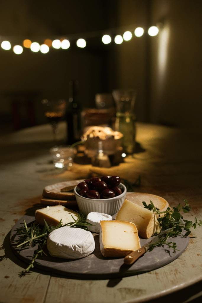 Cheese board with assorted cheeses and cherries, set on a table under string lights, creating a cozy nighttime atmosphere.