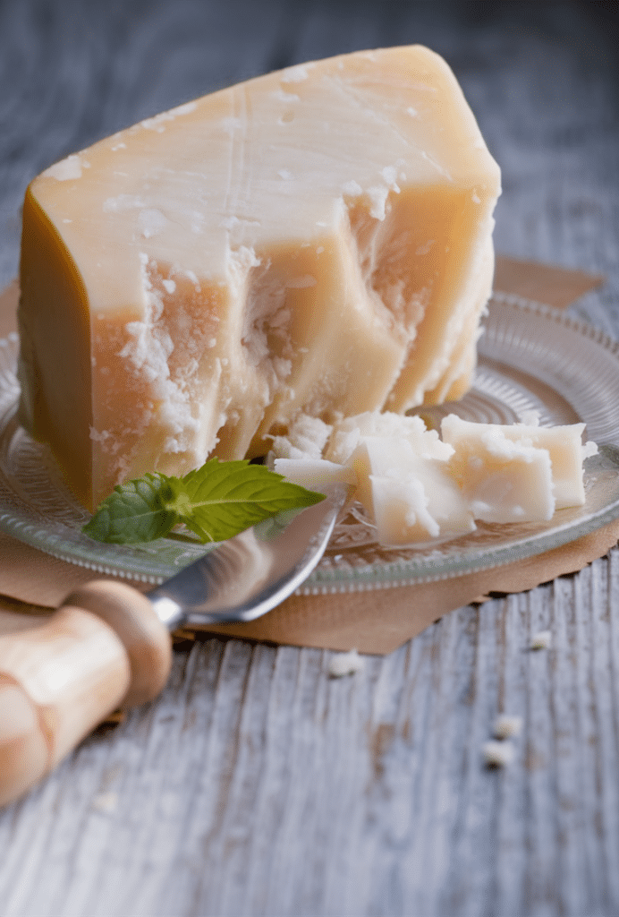 A chunk of Parmesan cheese on a glass plate, with small pieces broken off, accompanied by a cheese knife and a mint leaf, on a rustic wooden surface.