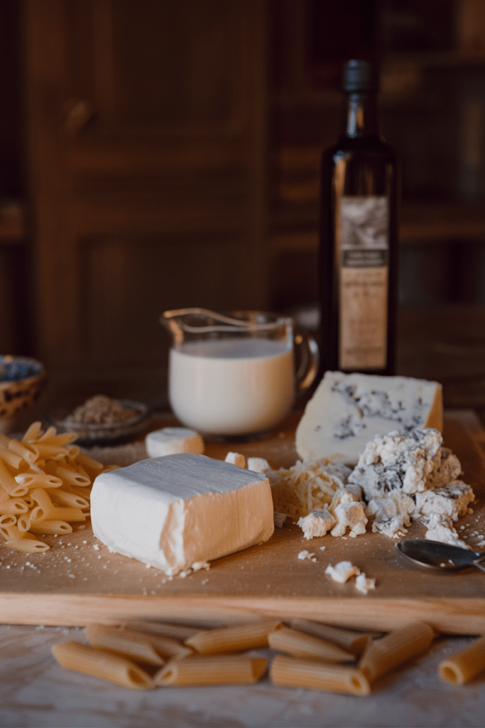 A selection of cheeses, pasta, and a bottle of olive oil displayed on a wooden table in a rustic setting.