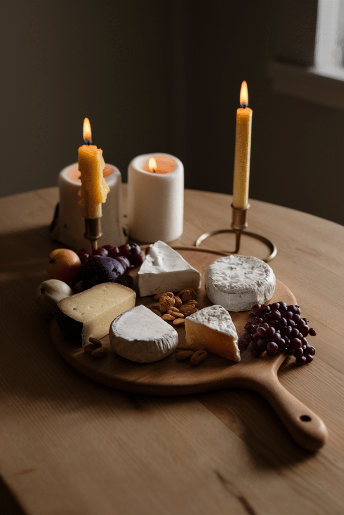 Cheese board with various cheeses, grapes, apples, and almonds, illuminated by the soft glow of candlelight.