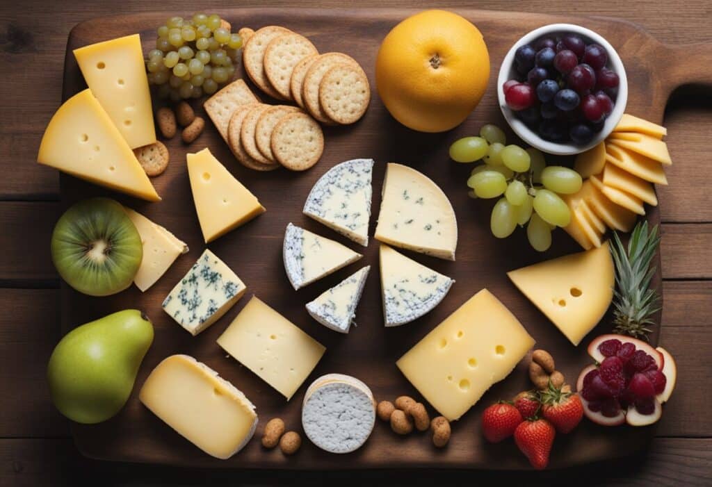 A vibrant cheese board featuring various types of cheese, crackers, green grapes, a pear, an apple, a grapefruit, and a small bowl of red and purple grapes, displayed on a wooden board.