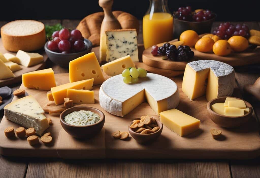 An elaborate cheese board with different cheeses, fresh fruits, nuts, and small bowls of condiments, artfully arranged on a wooden surface.