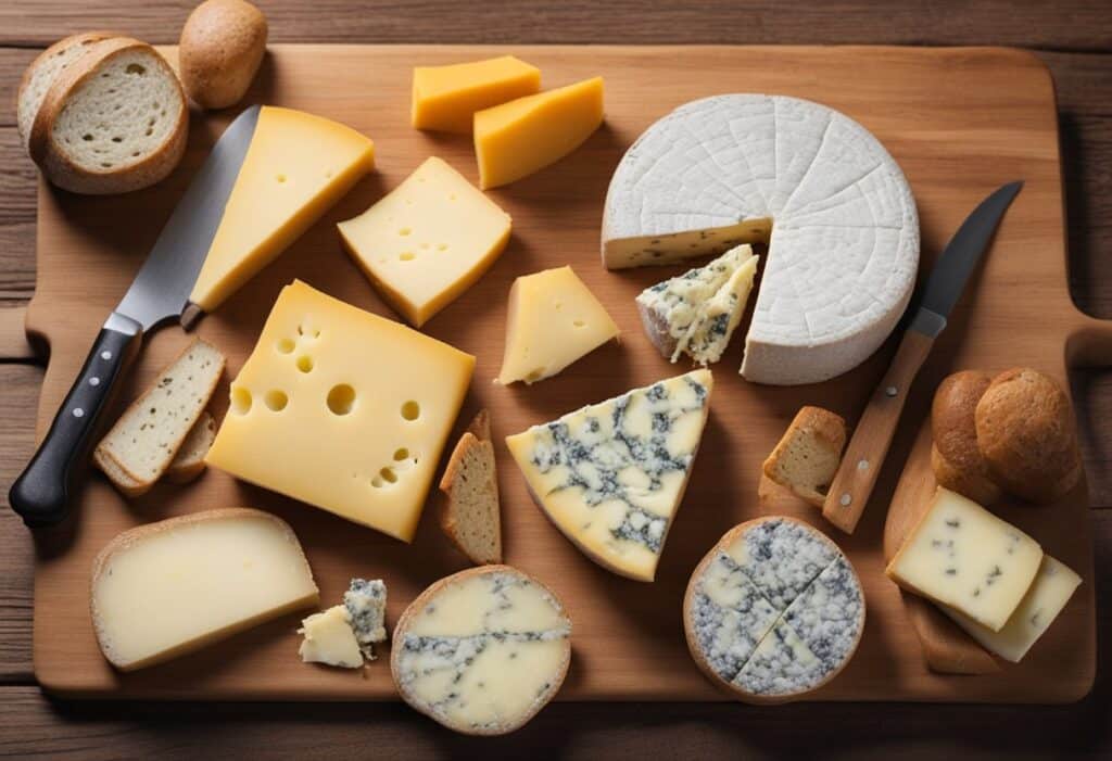 A cheese board displaying a variety of cheeses, slices of bread, and a knife on a wooden cutting board, ready to be served.