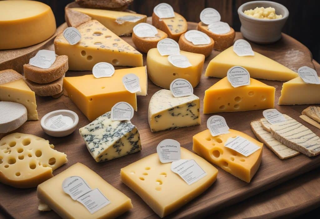 A cheese board with labeled cheese varieties, slices of bread, and a small bowl of butter, neatly arranged on a wooden board for easy identification and enjoyment.