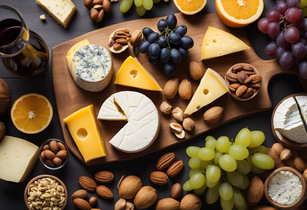 A beautifully arranged cheese board with assorted cheeses, fresh grapes, nuts, orange slices, and a glass of wine on a wooden board, creating a visually appealing spread.