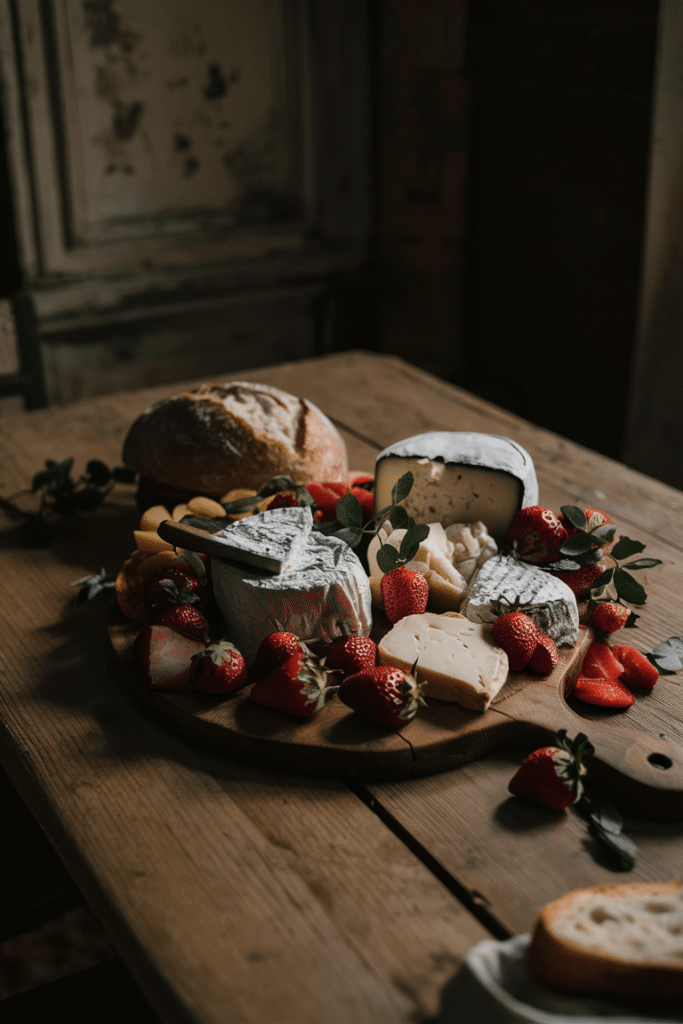 Rustic cheese board with assorted cheeses, strawberries, and artisanal bread on a wooden table.