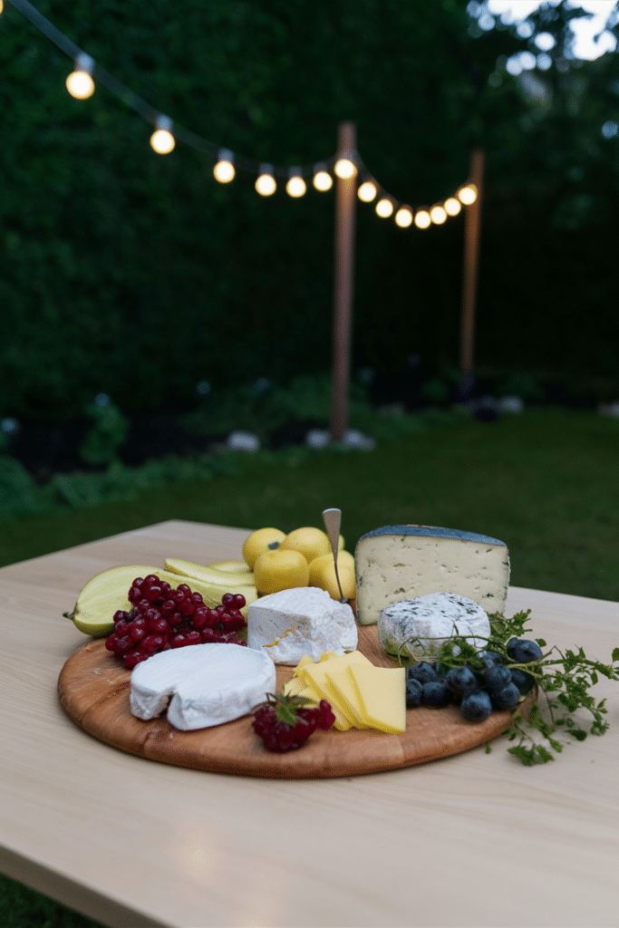Cheese board with various cheeses, fruits, and herbs, set on a table with string lights in the background.